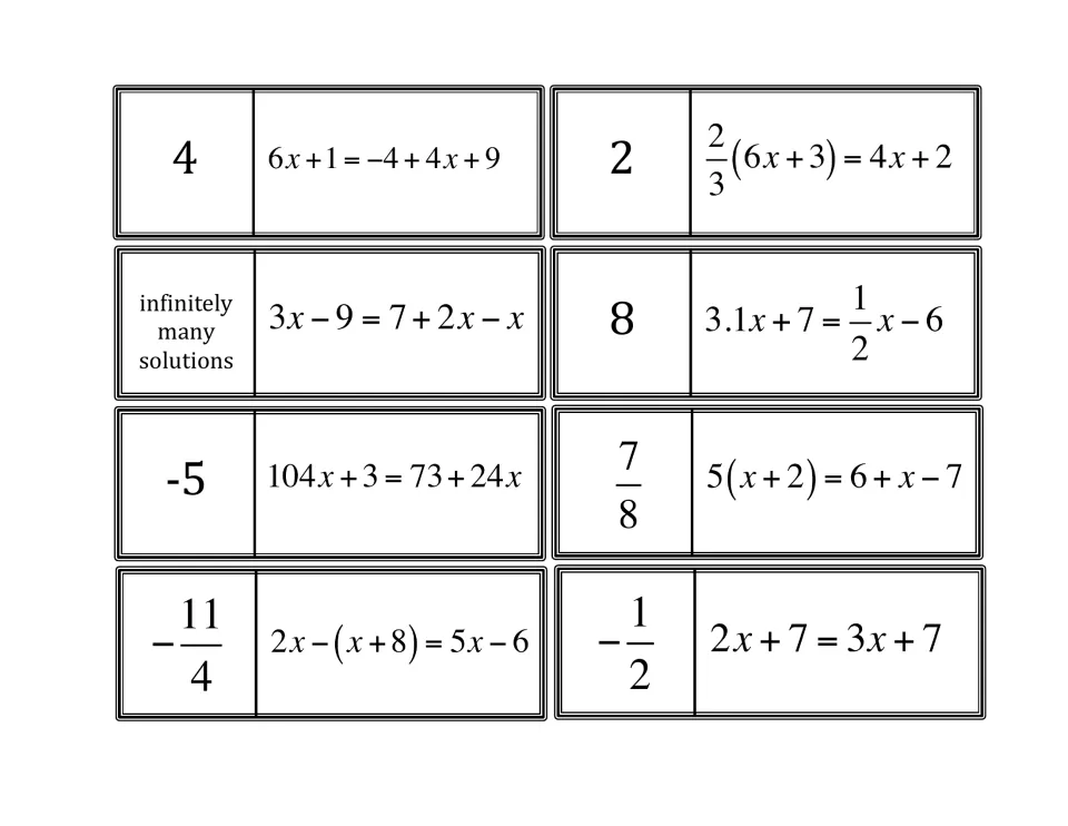 Linear equations dominoes 9–16 include solutions 4, 2, 8, −5, 7/8, −11/4, −1/2, and infinitely many solutions.