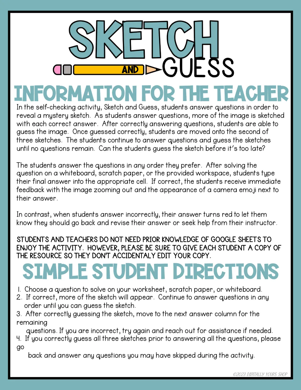 Sketch and Guess teacher info: how correct answers reveal three mystery sketches in Google Sheets, plus student directions