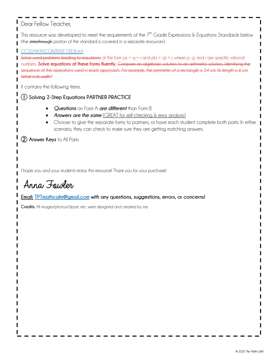 Teacher note: explains Form A and Form B use different equations with matching answers, plus answer keys
