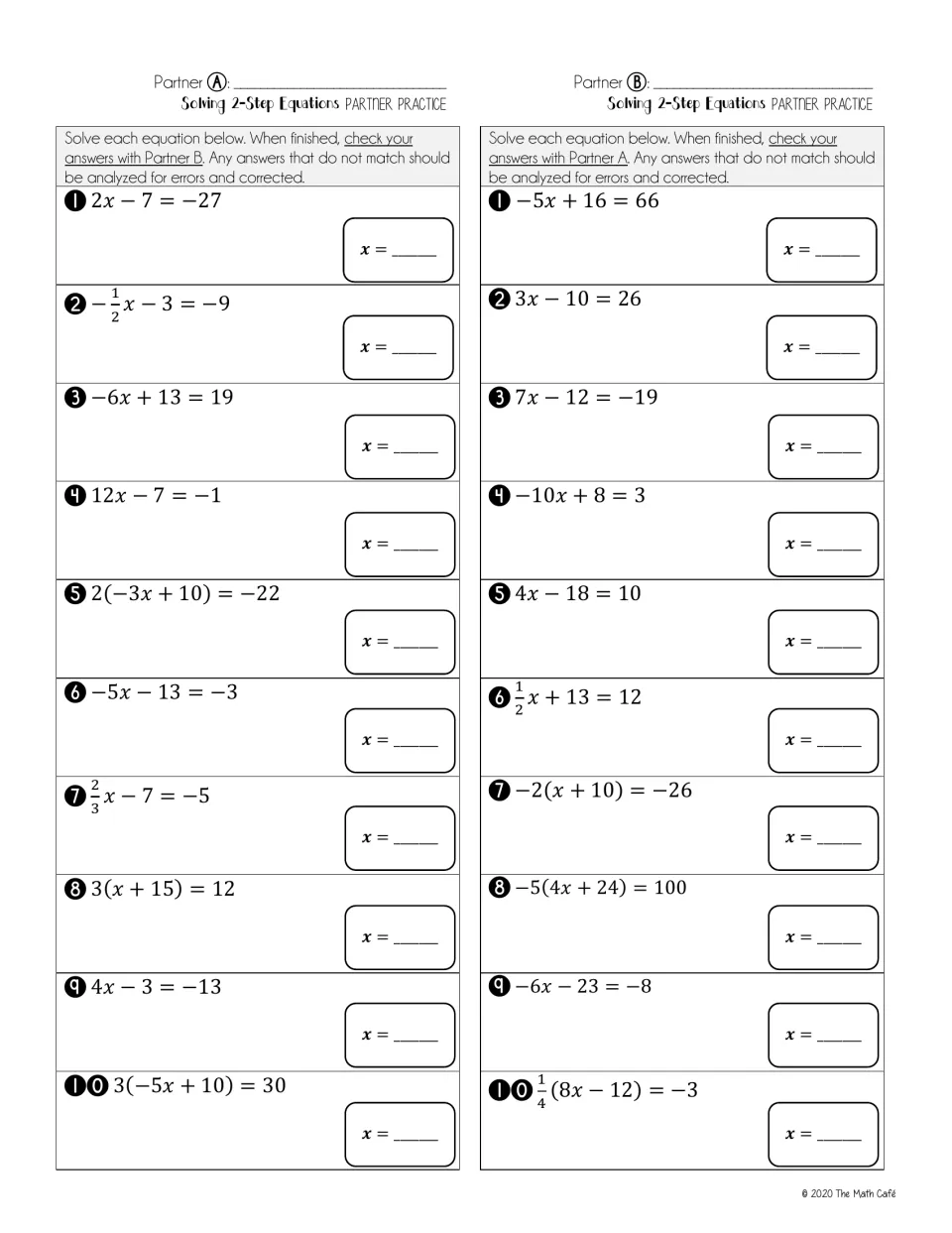 Two-step equations: Partner A and Partner B each solve 10 different equations for x, then compare answers to find errors