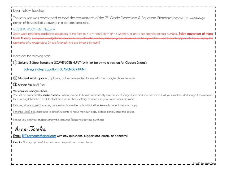 Teacher letter citing standard 7.EE.B.4.A, listing the hunt, student work space and answer key, plus Google Slides tips