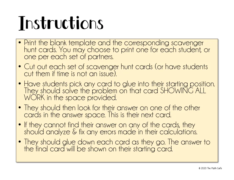 Scavenger hunt instructions: print and cut the cards, solve one showing all work, find its answer on the next card, glue