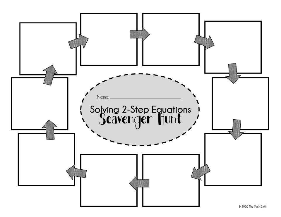 Glue-down template for the hunt: students paste the 10 equation cards in a loop in the order they find each answer