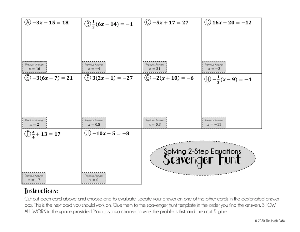 Two-step equation cards A-J to cut out, such as -3x - 15 = 18 and 3(2x - 1) = -27, each with a previous answer to match