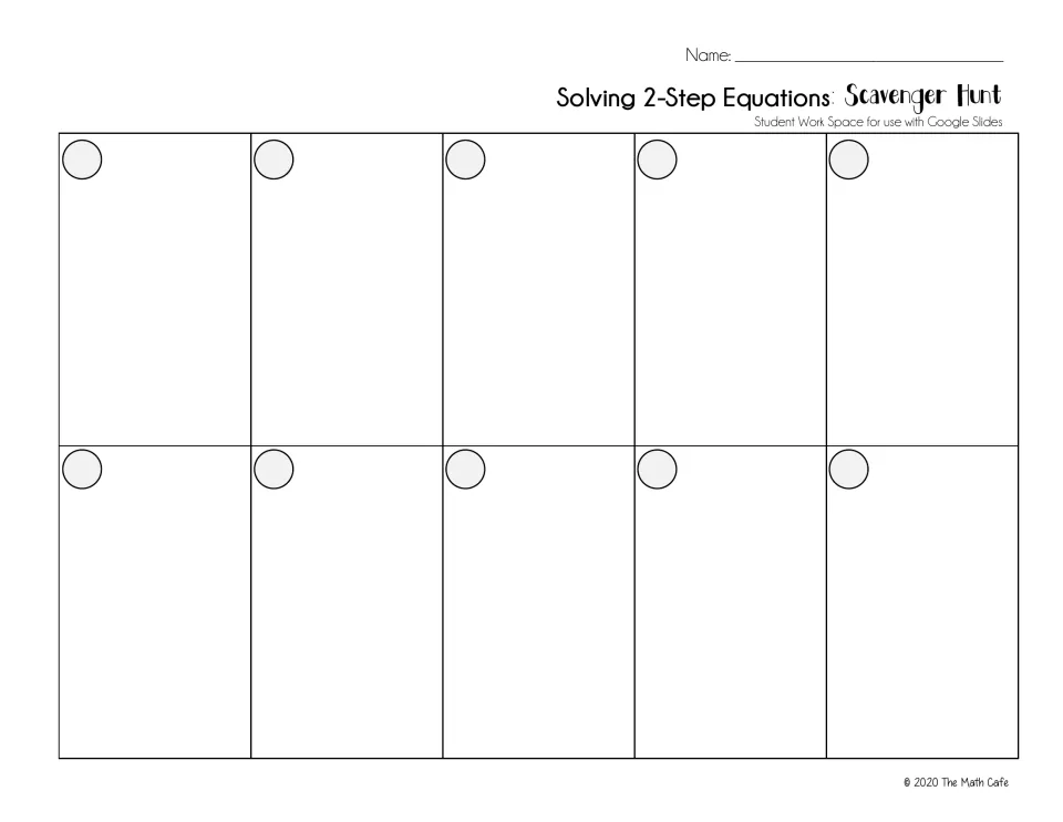 Student work space for the Google Slides version: students show all work for each of the ten two-step equations