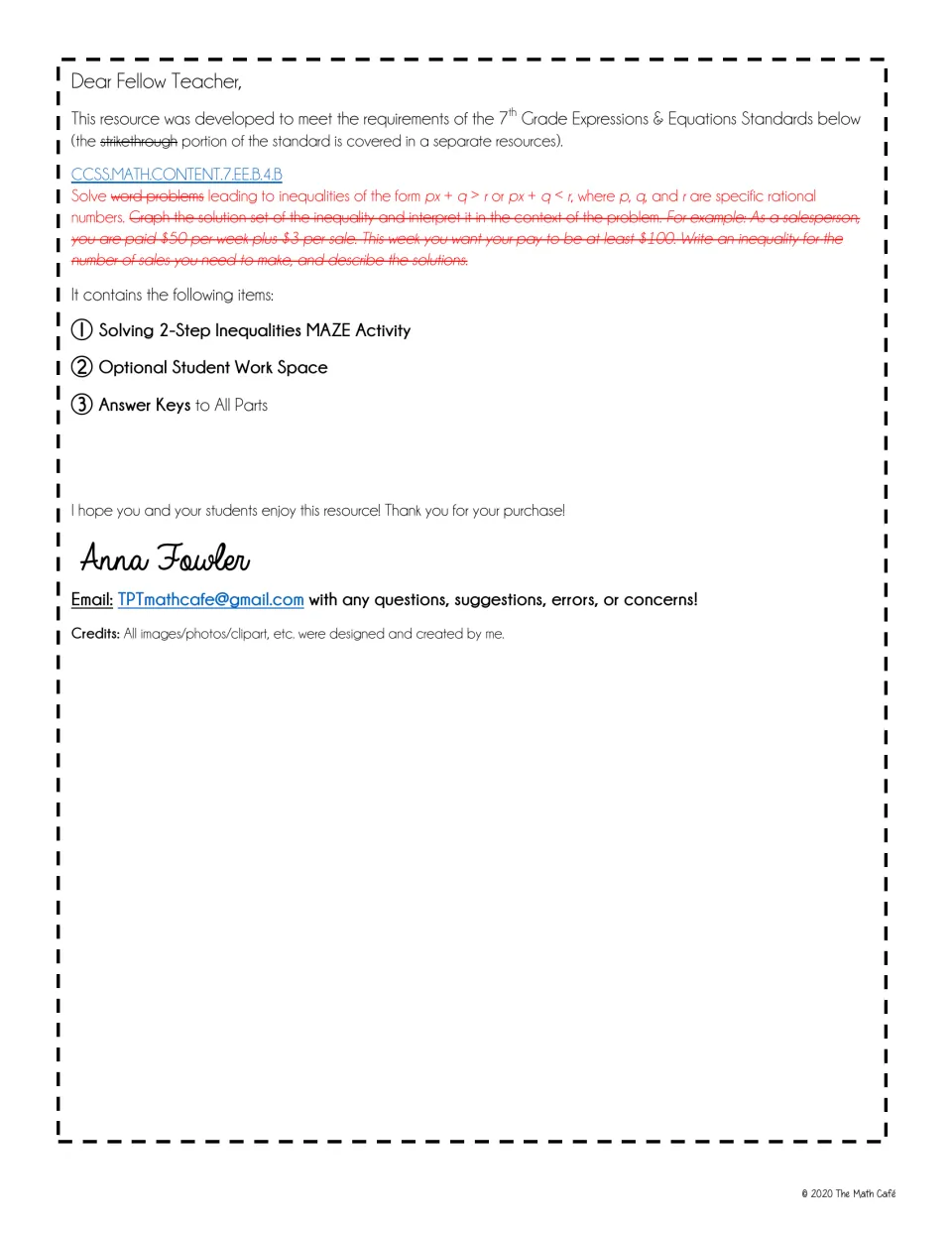 Teacher note listing what is included: the inequalities maze, an optional student work space and answer keys