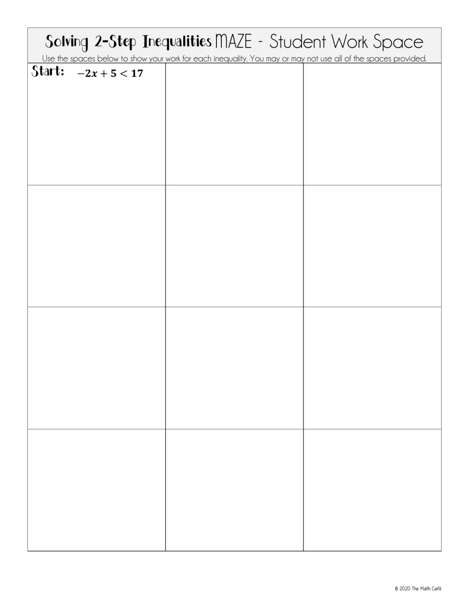 Maze work space: students show the steps for each inequality in 12 spaces, the first labeled Start: -2x + 5 < 17