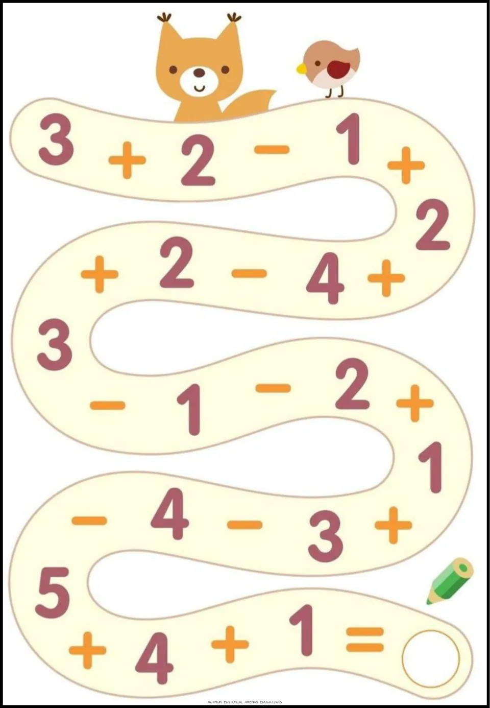 Addition and subtraction exercise 1 of 9: follow the number path starting 3 + 2 - 1 and write the final answer.