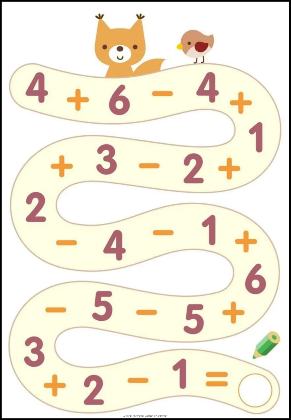 Addition and subtraction exercise 2 of 9: follow the number path starting 4 + 6 - 4 and write the final answer.