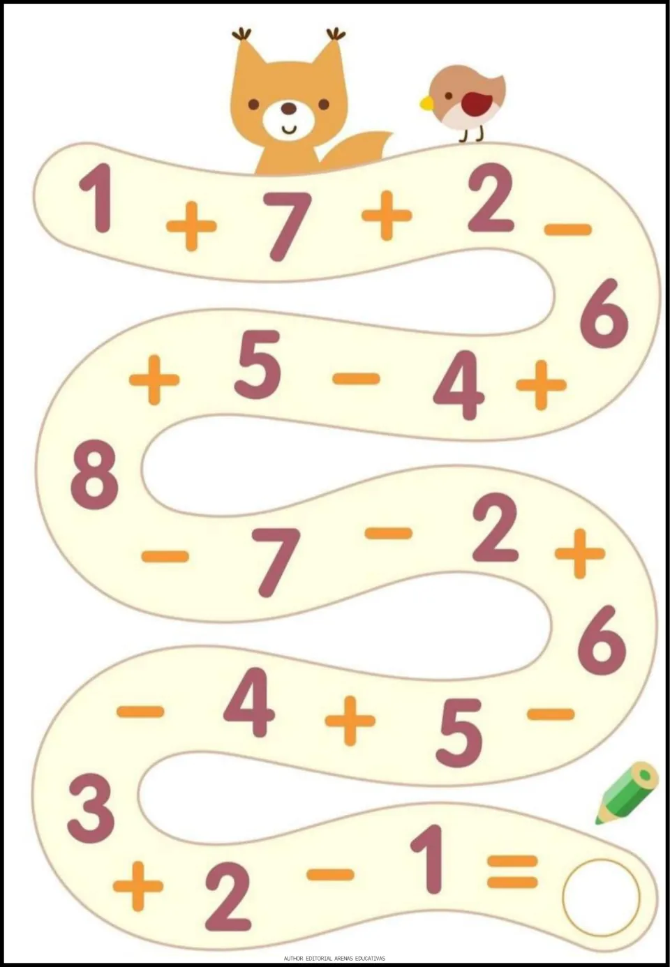 Addition and subtraction exercise 3 of 9: follow the number path starting 1 + 7 + 2 and write the final answer.