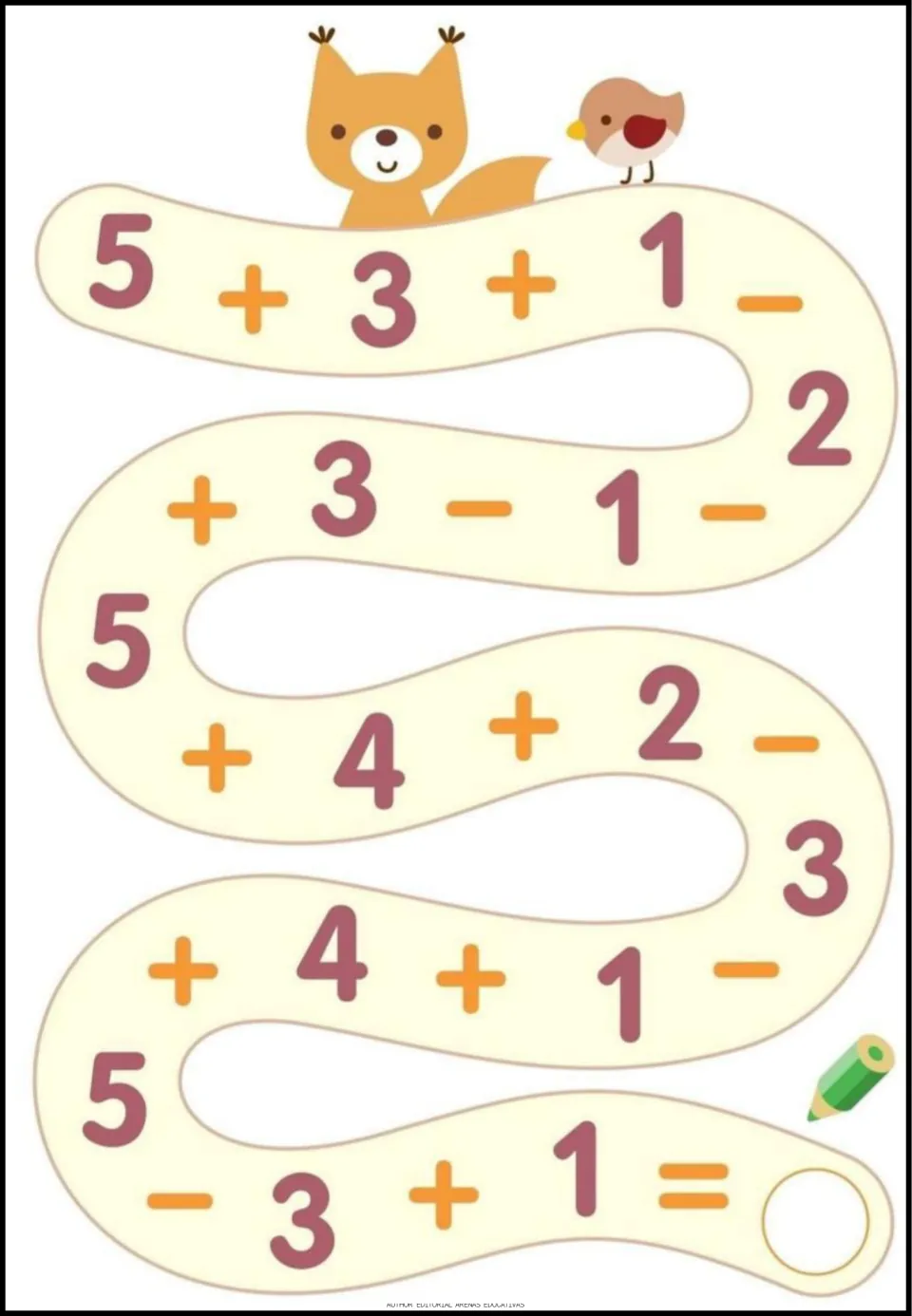 Addition and subtraction exercise 4 of 9: follow the number path starting 5 + 3 + 1 and write the final answer.