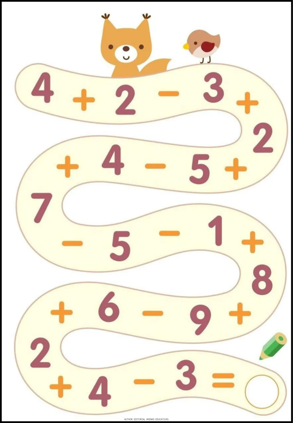 Addition and subtraction exercise 5 of 9: follow the number path starting 4 + 2 - 3 and write the final answer.
