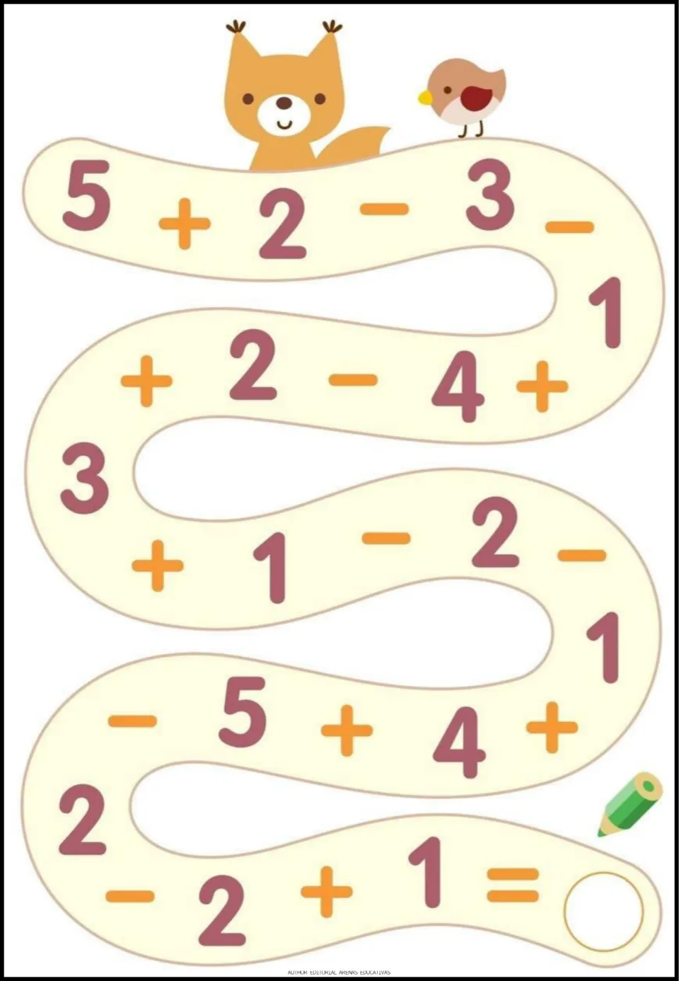 Addition and subtraction exercise 6 of 9: follow the number path starting 5 + 2 - 3 and write the final answer.