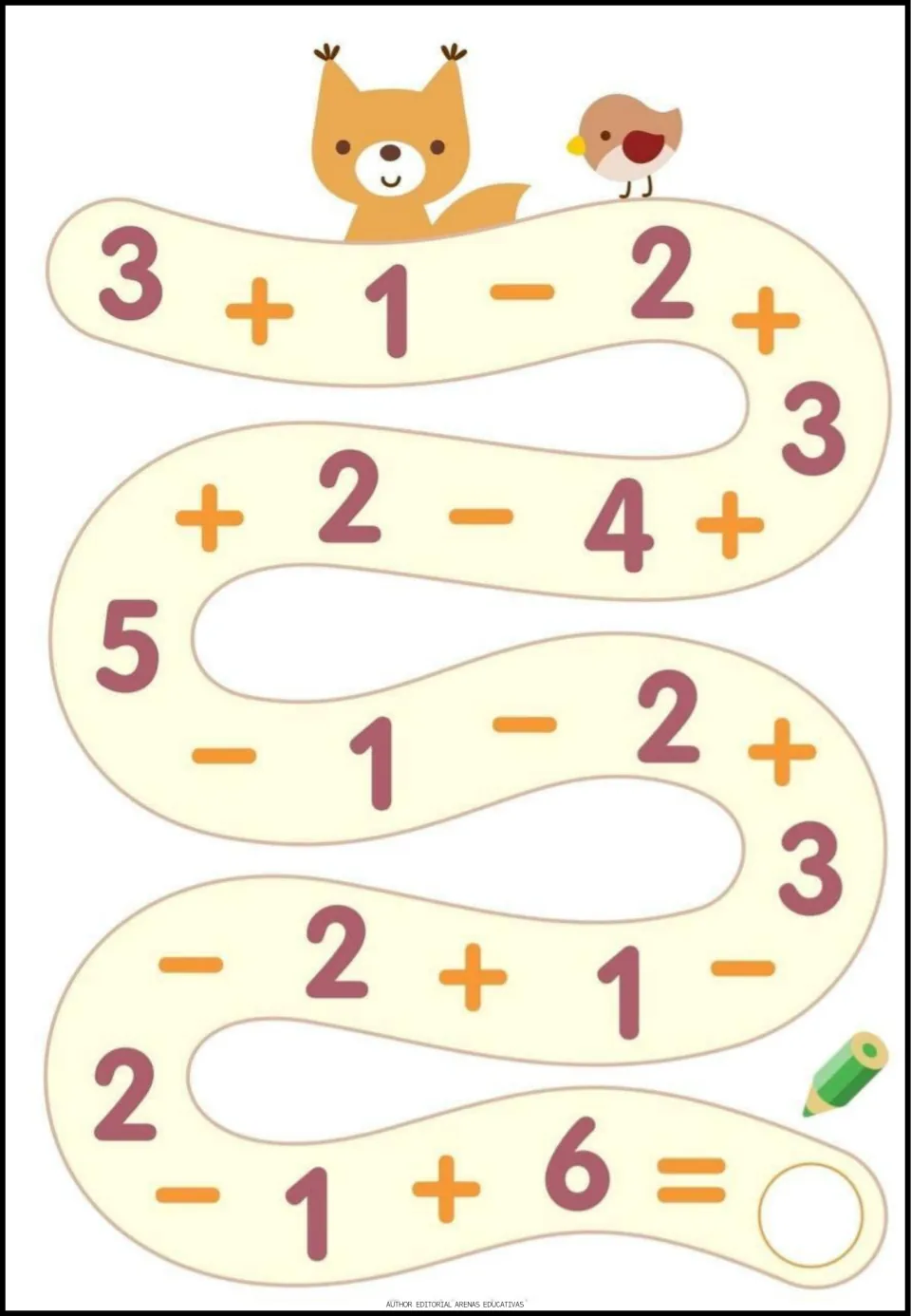 Addition and subtraction exercise 7 of 9: follow the number path starting 3 + 1 - 2 and write the final answer.