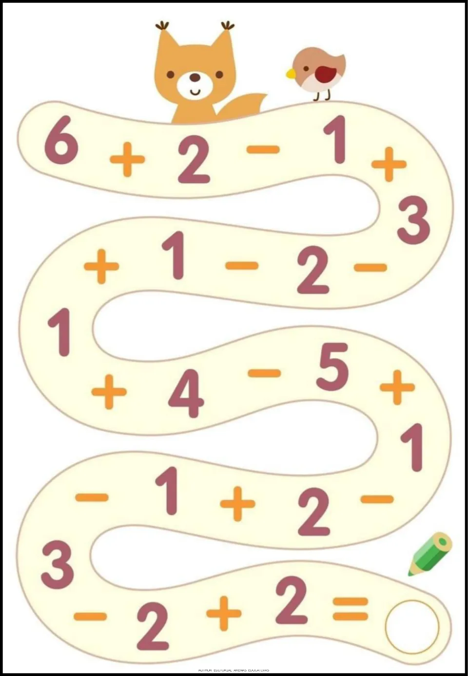 Addition and subtraction exercise 8 of 9: follow the number path starting 6 + 2 - 1 and write the final answer.