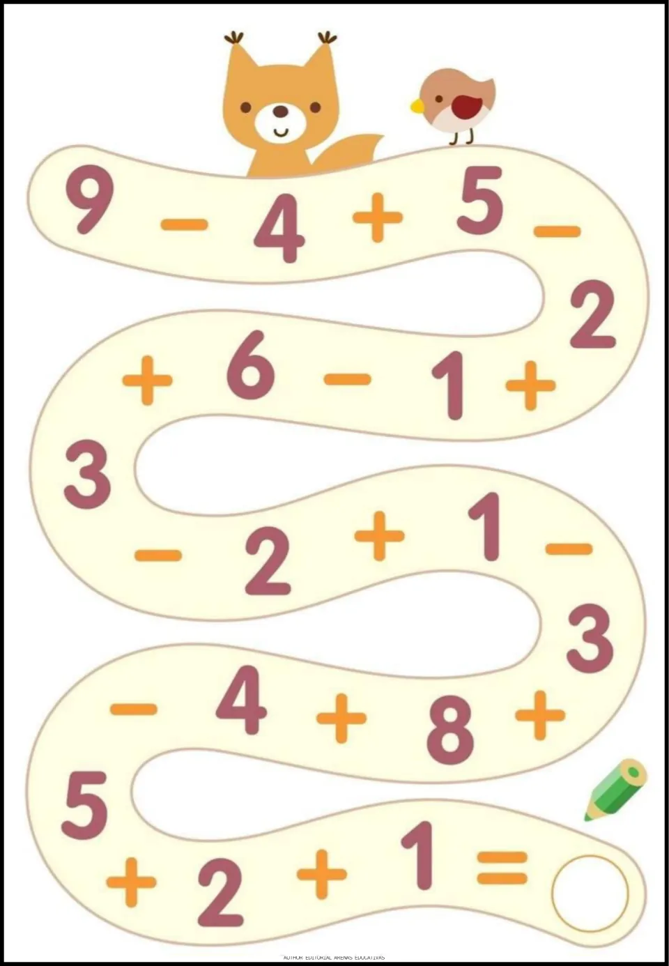 Addition and subtraction exercise 9 of 9: follow the number path starting 9 - 4 + 5 and write the final answer.