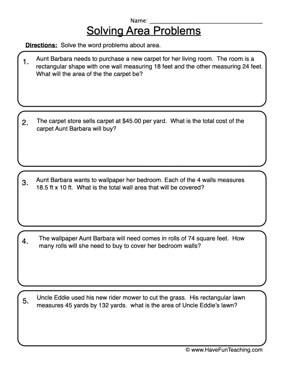 Area practice sheet: five word problems about an 18-by-24-foot carpet, bedroom wallpaper, and a lawn.
