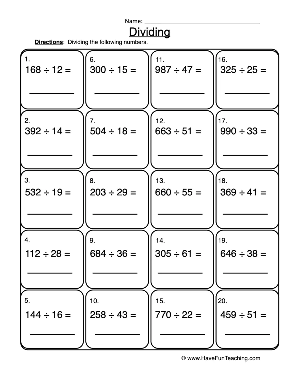 Dividing: students solve 20 problems dividing 3-digit numbers by 2-digit divisors, such as 168 ÷ 12 and 987 ÷ 47