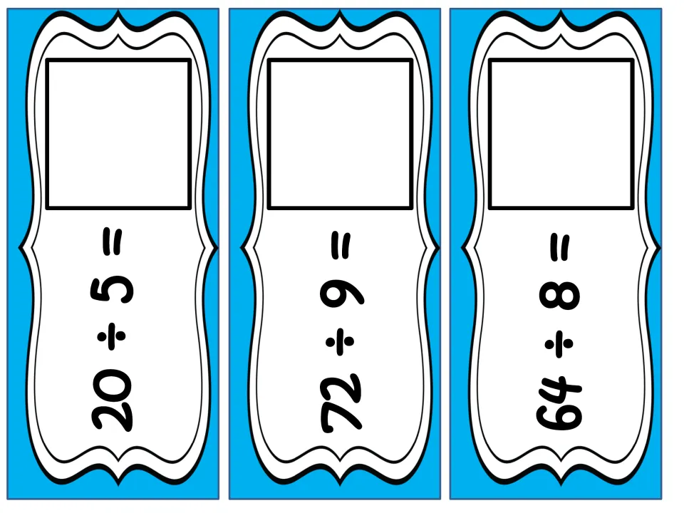 Division problem cards for 20 ÷ 5, 72 ÷ 9 and 64 ÷ 8, each with an empty square where the matching answer card goes