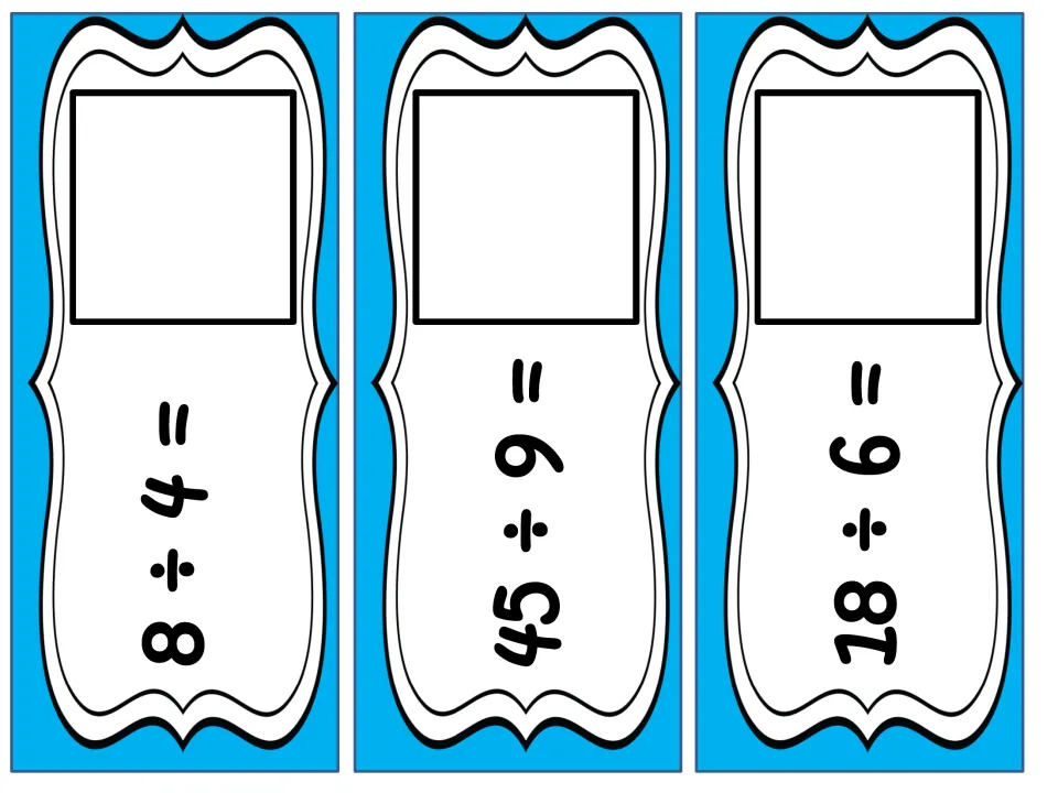 Division problem cards for 8 ÷ 4, 45 ÷ 9 and 18 ÷ 6, each with an empty square for placing the matching answer card