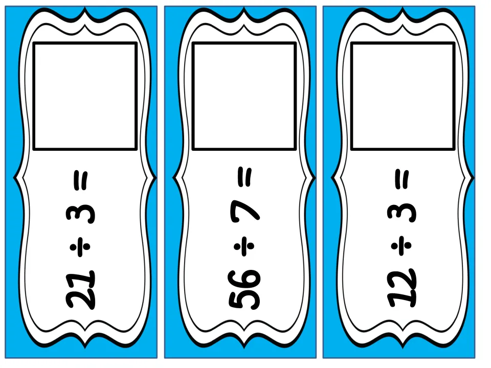 Division problem cards for 21 ÷ 3, 56 ÷ 7 and 12 ÷ 3, each with an empty square for students to set the quotient card on