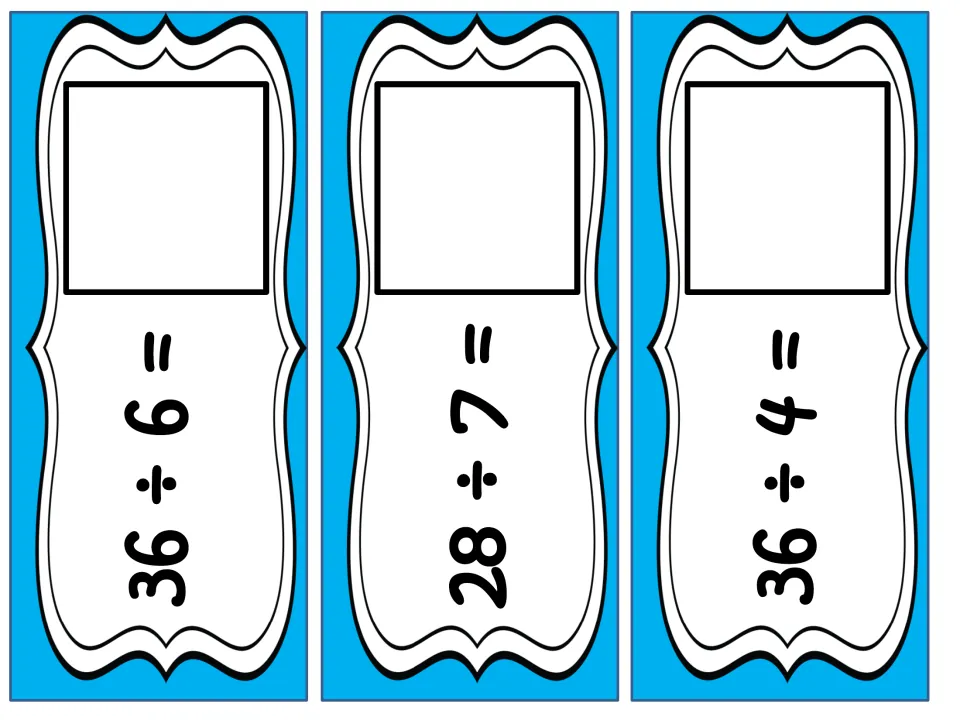 Division problem cards for 36 ÷ 6, 28 ÷ 7 and 36 ÷ 4, each with an empty square where students place the answer card