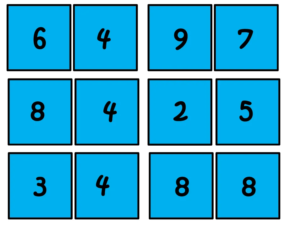 Quotient answer cards: twelve number tiles (6, 4, 9, 7, 8, 4, 2, 5, 3, 4, 8, 8) that students match to division problems