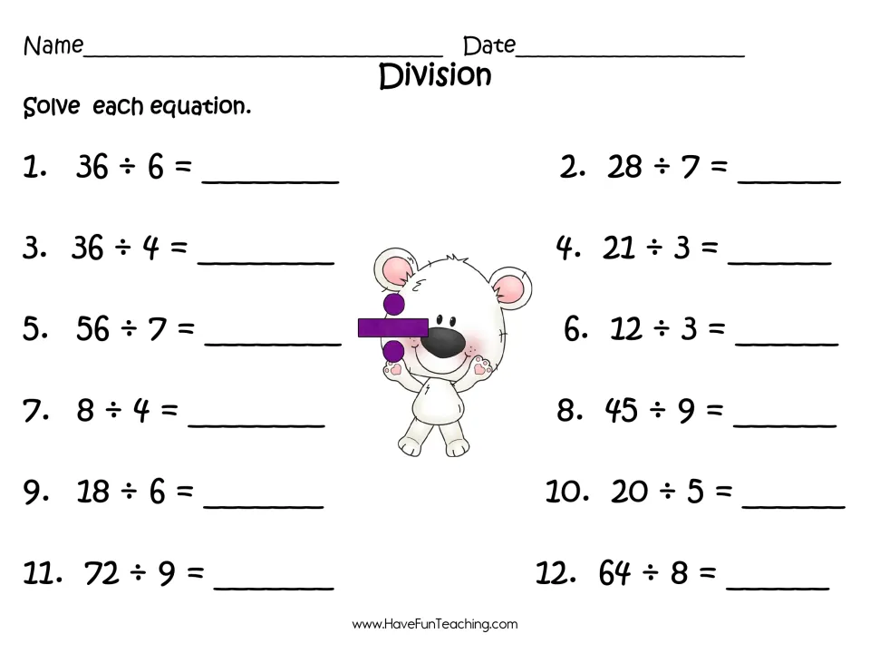Division recording sheet: students solve 12 equations such as 36 ÷ 6, 45 ÷ 9 and 72 ÷ 9, writing each quotient