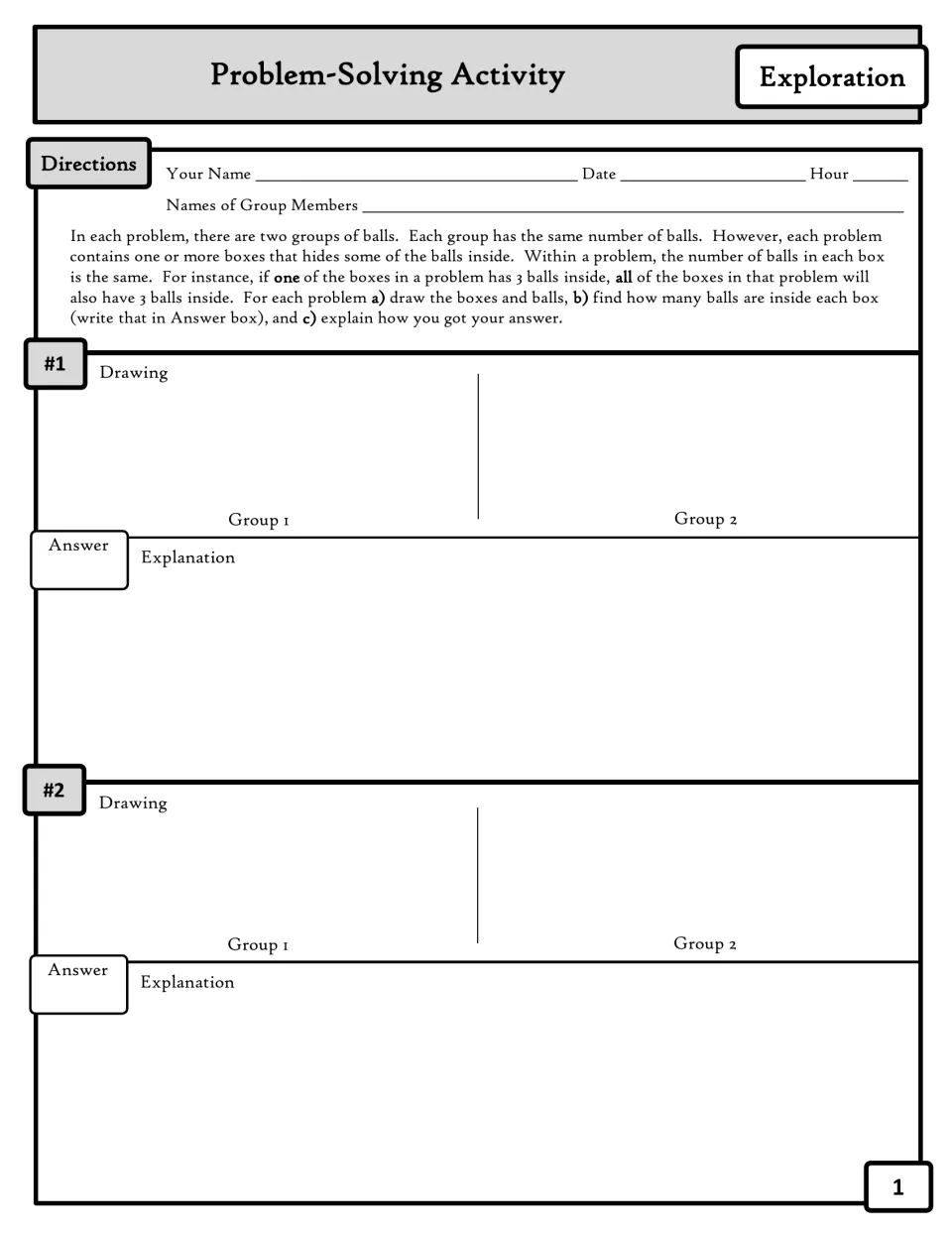 Handout problems 1–2: directions to draw two groups of balls, find how many each box hides, and explain