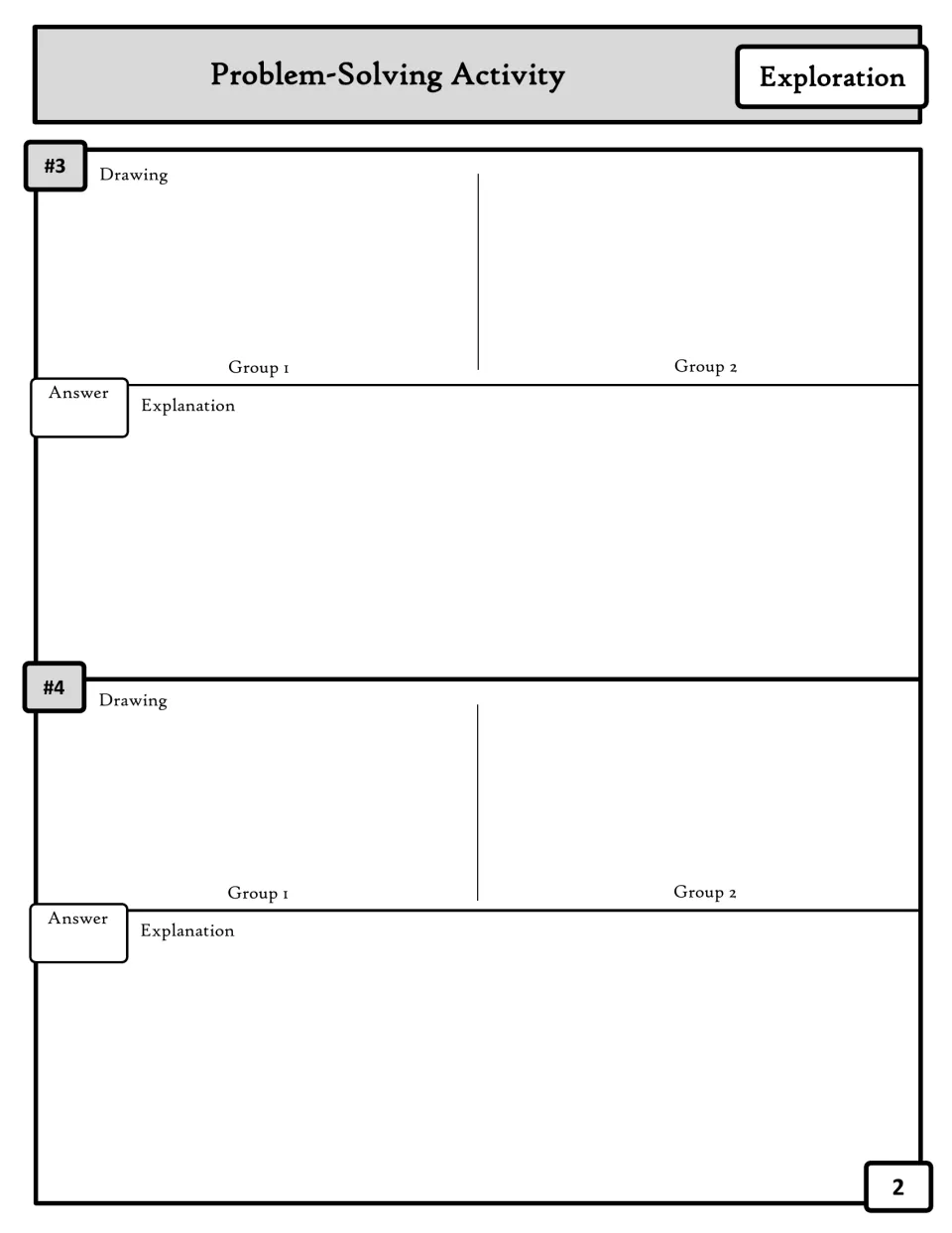Handout problems 3–4: students draw Group 1 and Group 2, record the hidden-ball count, and explain their answers