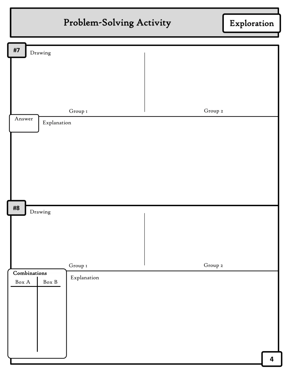 Handout problems 7–8: group drawings and explanations, with an answer for 7 and Box A/Box B combinations for 8