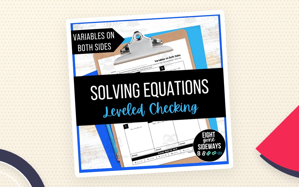Solving Equations Variables on Both Sides cover with worksheet previews