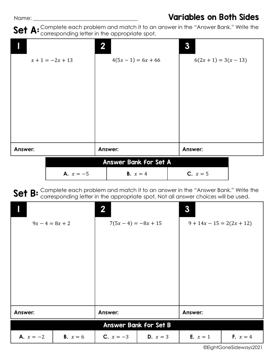 Variables on both sides, Sets A and B: students solve six equations and match each solution to a lettered answer bank