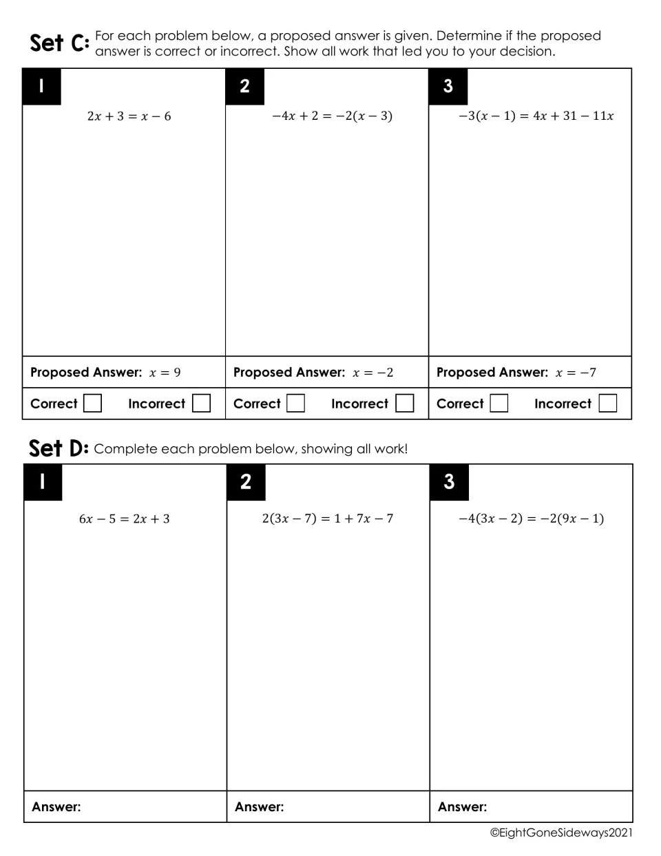 Error analysis and multi-step equations: students judge 3 proposed solutions correct or incorrect, then solve 3 with work