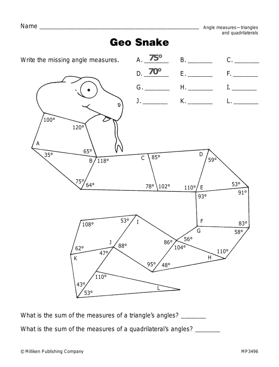 Geo Snake: students find 12 missing angles A to L in triangles and quadrilaterals forming a snake, then give angle sums