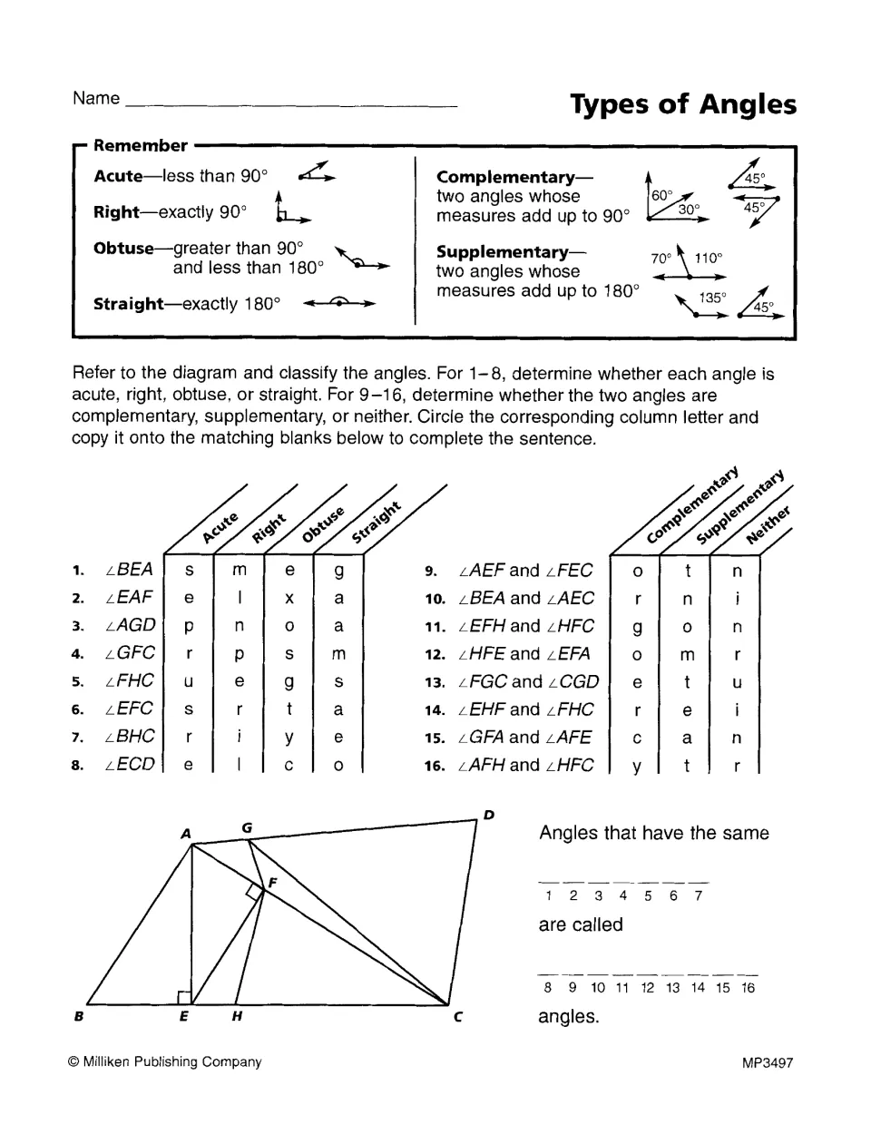 Types of Angles: students classify angles in a diagram and angle pairs, copying letters to complete a hidden sentence