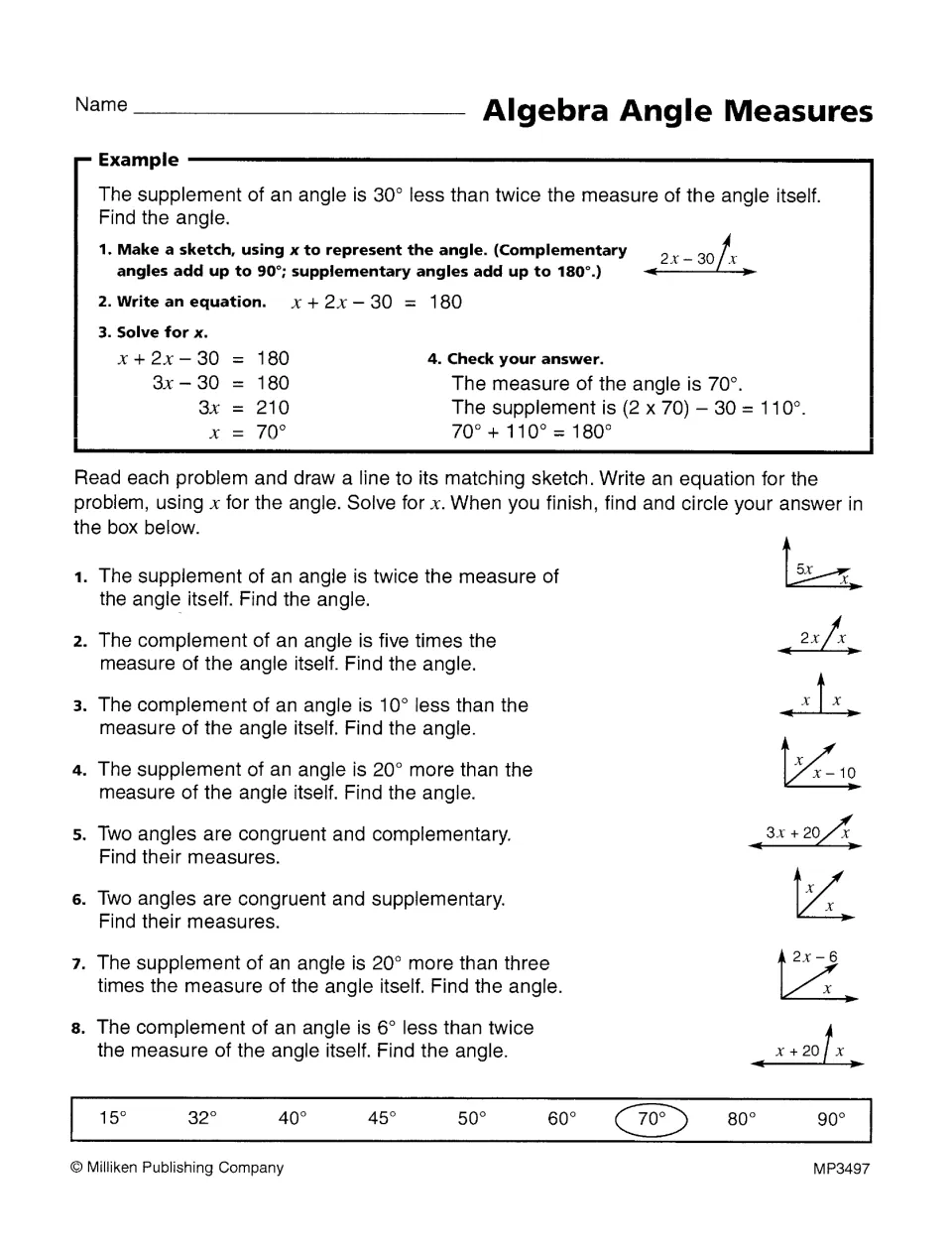 Algebra Angle Measures: students match 8 word problems to sketches, write equations for x and circle answers in a box