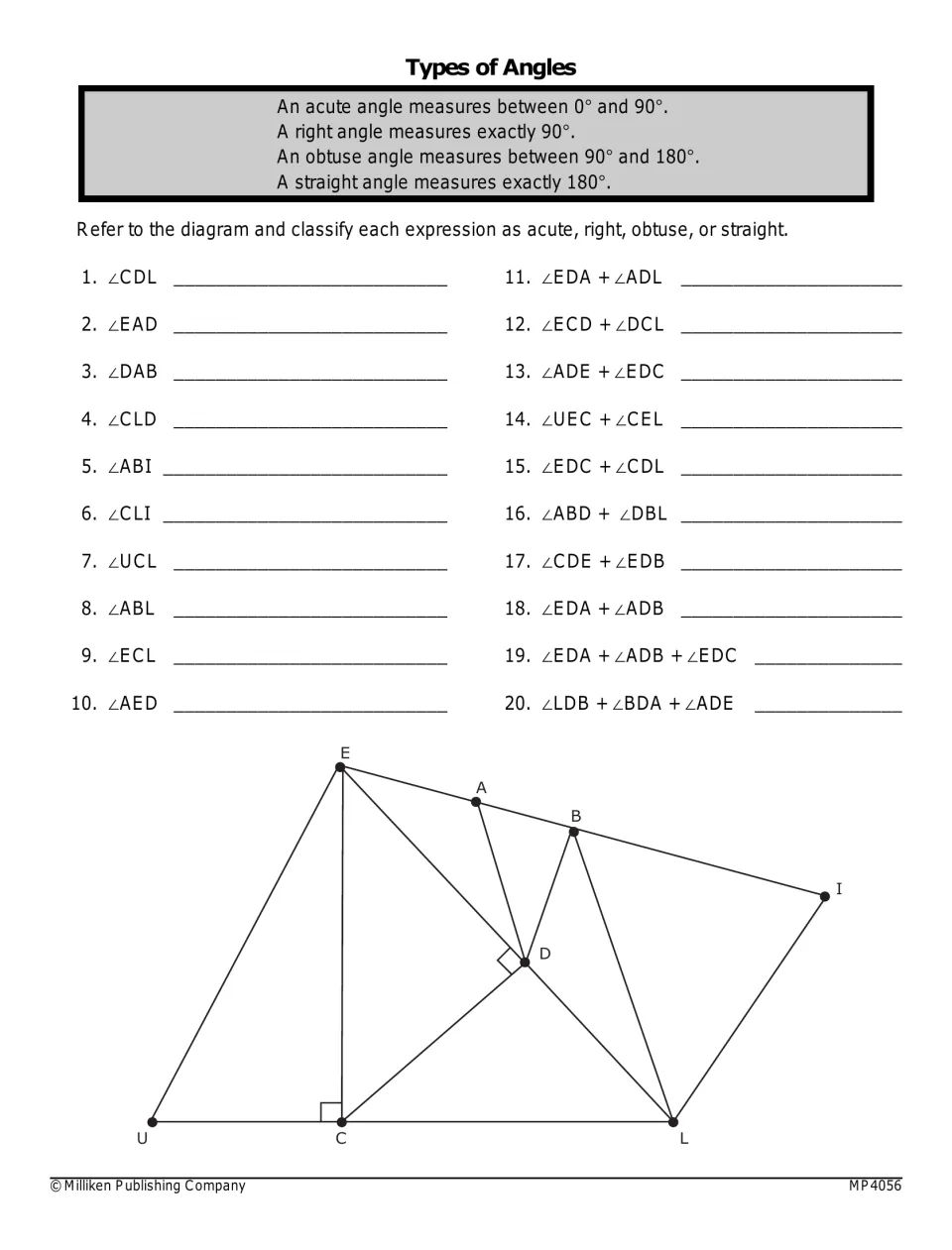 Types of angles: students use a labeled diagram to classify 20 angles and angle sums as acute, right, obtuse or straight