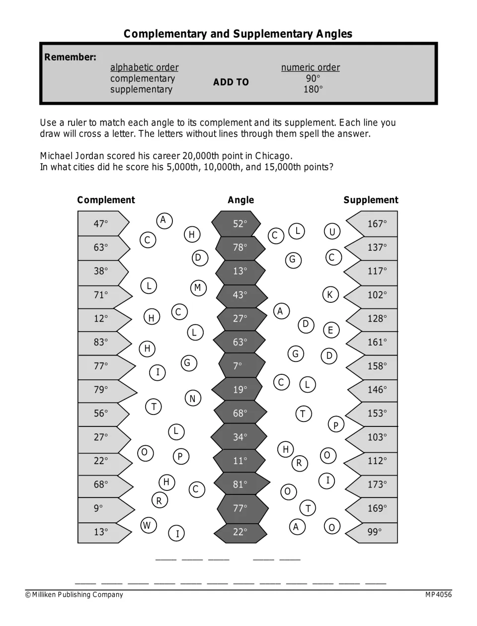 Complements and supplements: students match each angle to its complement and supplement to spell a riddle answer