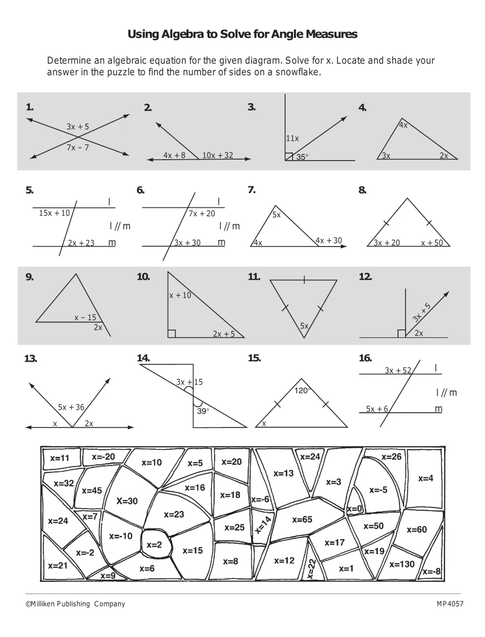 Using algebra to solve for angle measures: students write equations for 16 diagrams, solve for x and shade a puzzle
