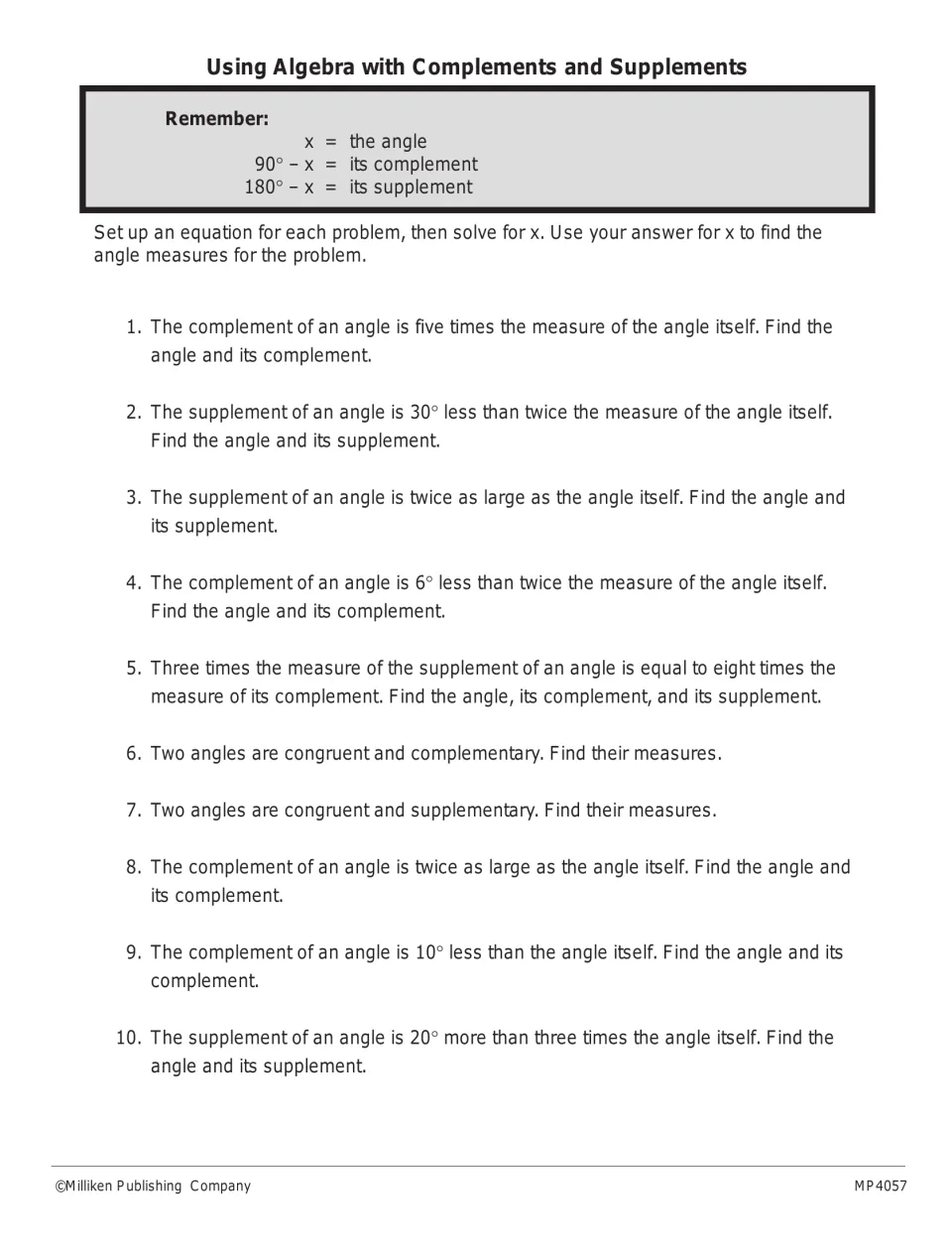 Algebra with complements and supplements: students set up and solve equations for 10 word problems to find angle measures