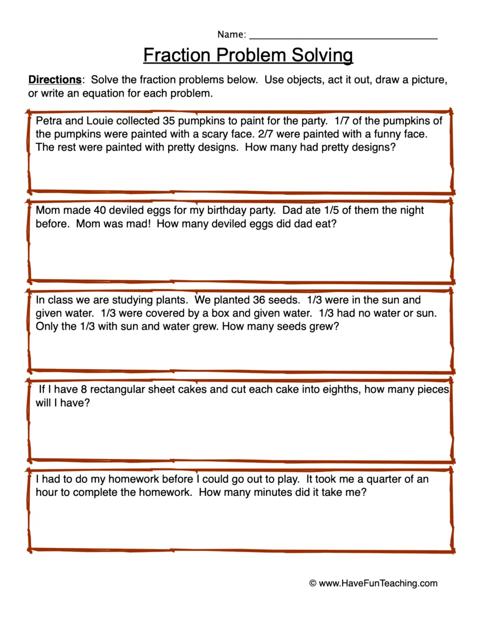 Fraction Problem Solving: students solve 5 story problems on fractions of a set, time and cakes cut into eighths