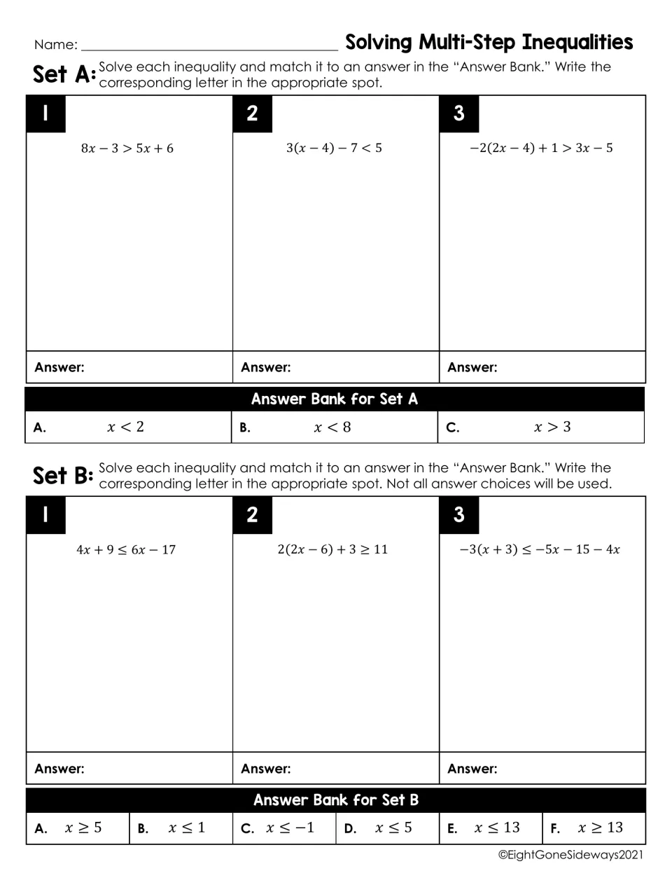 Solving multi-step inequalities, Sets A and B: students solve six inequalities and match each to a lettered answer bank