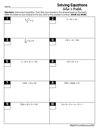 Solving Linear Equations – Solve & Match Worksheet – sample page 2