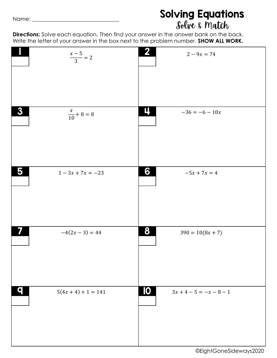 Solving Equations Solve & Match: students solve 10 linear equations, then write the matching answer-bank letter for each
