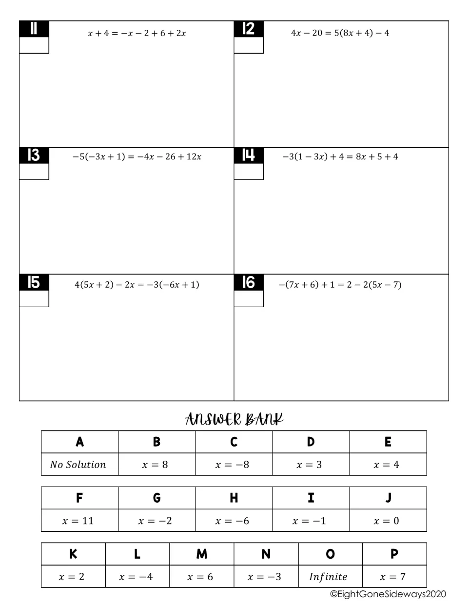 Equations 11 to 16 with distribution and variables on both sides, plus an A–P answer bank that includes no solution