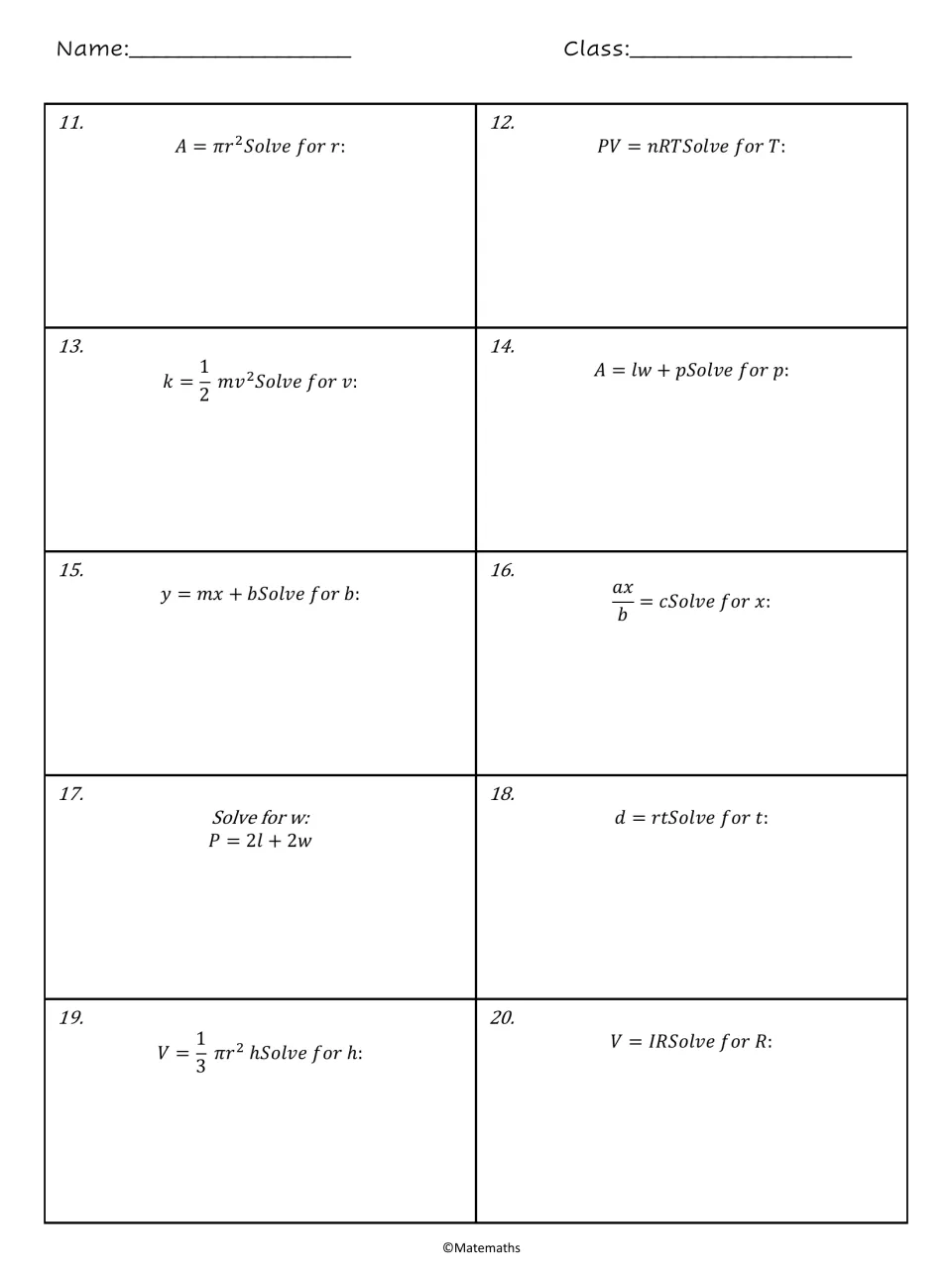 Literal equations problems 11-20: students isolate a variable in A = πr², PV = nRT, y = mx + b, d = rt and V = IR