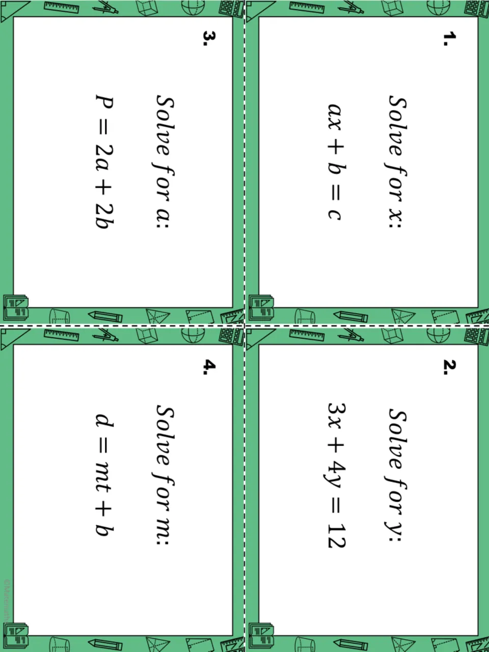 Task cards 1-4: solve ax + b = c for x, 3x + 4y = 12 for y, P = 2a + 2b for a and d = mt + b for m