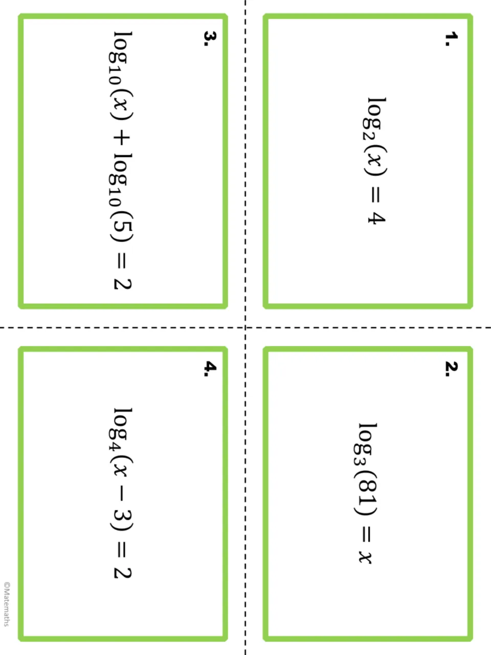 Task cards 1-4: solving log equations log2(x) = 4, log3(81) = x, log10(x) + log10(5) = 2 and log4(x - 3) = 2