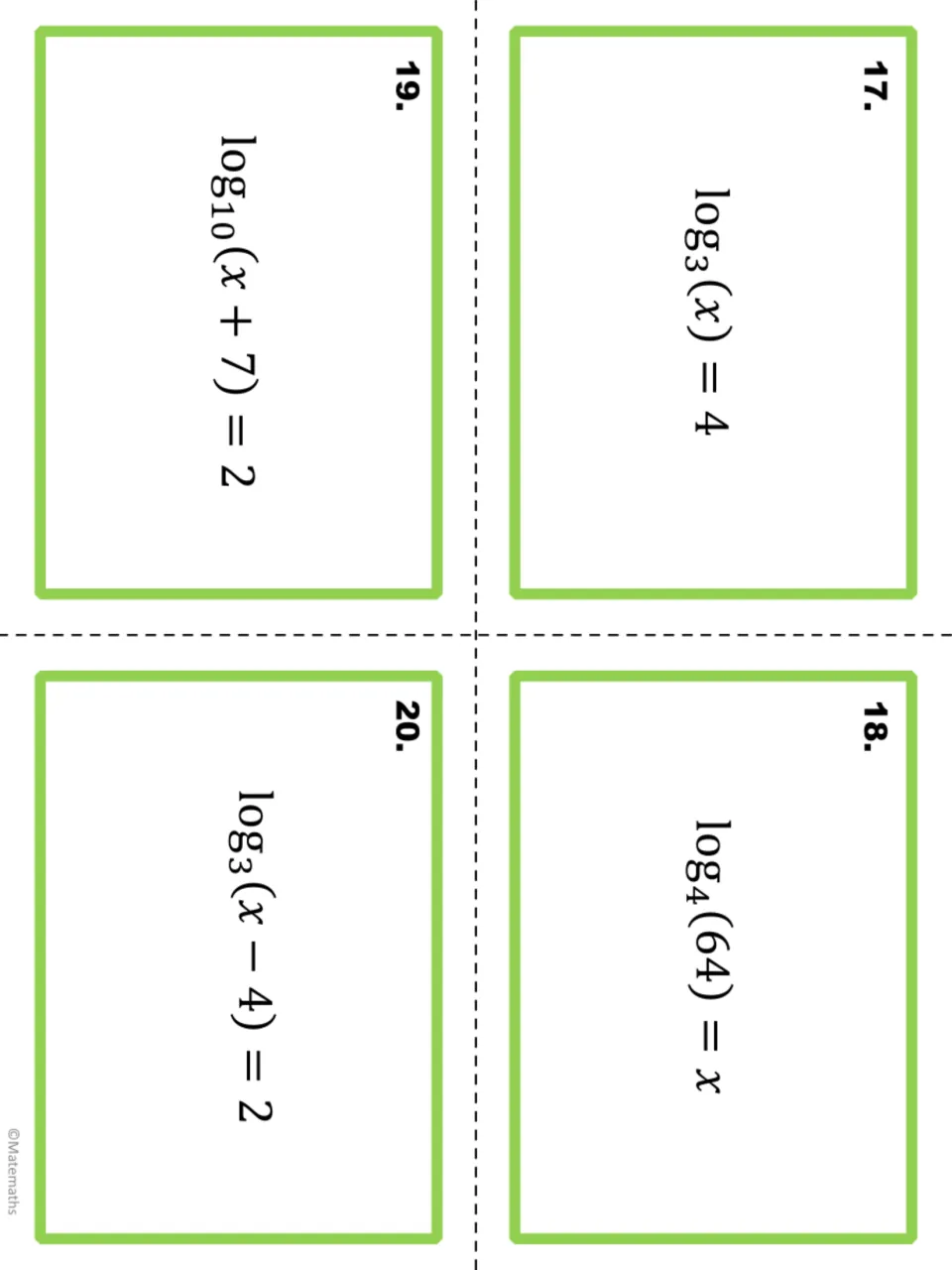 Task cards 17-20: final log equations log3(x) = 4, log4(64) = x, log10(x + 7) = 2 and log3(x - 4) = 2 to solve for x